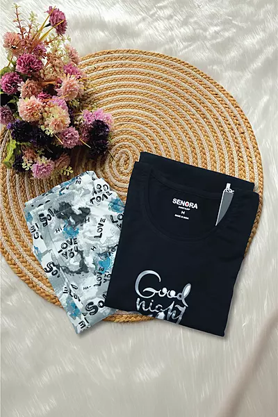 Black Printed Cotton T-Shirt and Pyjama Set