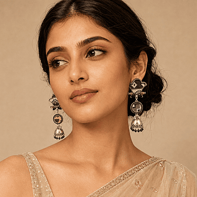 Taarika Asymmetric Textile Oxidised Jhumka Earrings