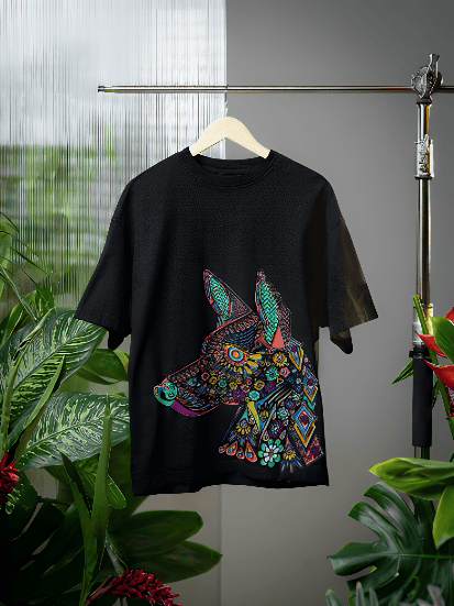 Artistic Dog printed Black Oversized T-shirt