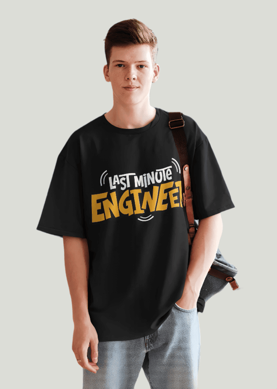 Black printed oversized t-shirt featuring Last minute Engineer