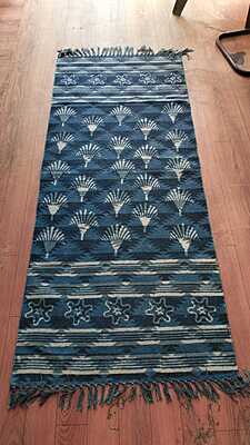 blue cotton block print rug