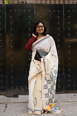 Ivory color pure cotton with light blue handblock work