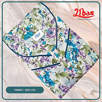 Off White & Teal Bizi Lizi Pleated Nighty With Floral Design From Libas Loungewear - PLT277