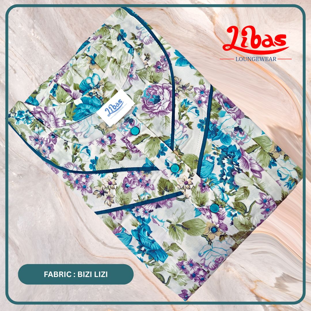 Off White & Teal Bizi Lizi Pleated Nighty With Floral Design From Libas Loungewear - PLT277