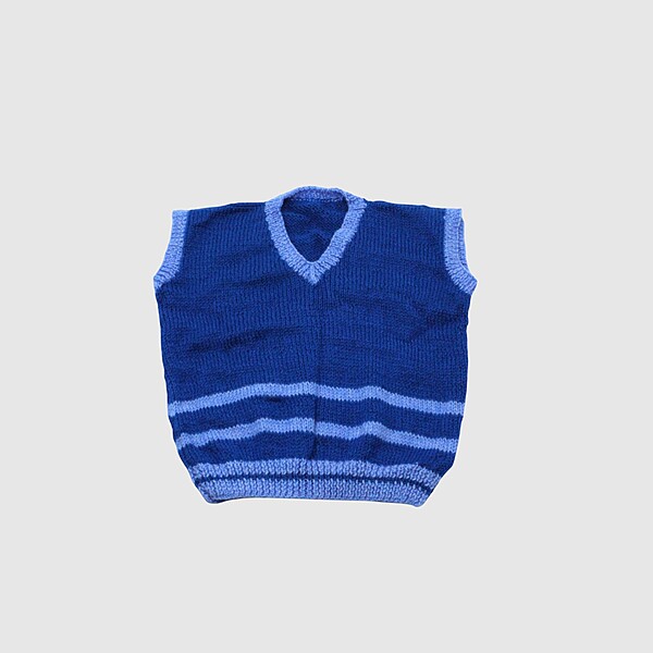 (4-5 Years) Baby Woolen Sweater, Handknitted, Blue with Light Blue Stripes