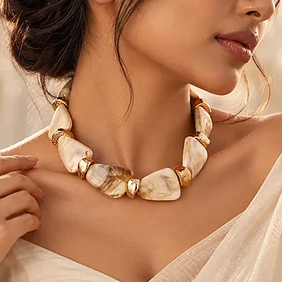 Ivoria Cream Marbled Geometric Gold-Tone Statement Necklace
