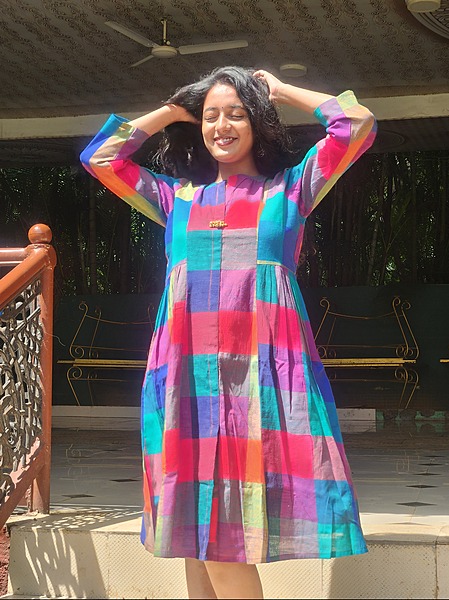 Rajeshwari's Ruffled Sides dress - Madras Checks Blue Hues