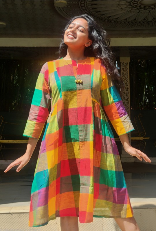 Rajeshwari's Ruffled Sides dress - Madras Checks Green Hues