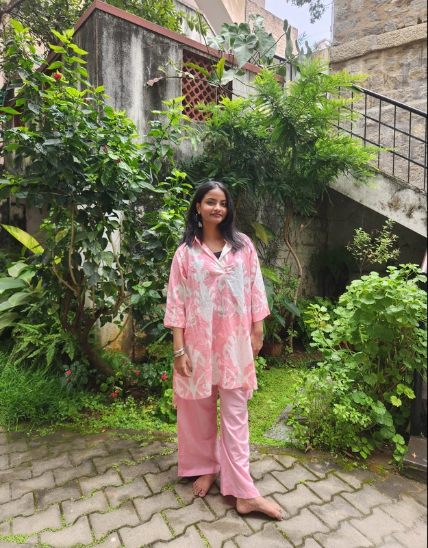 Leela's High-Low Collared Top + Pants Set - Pink & White