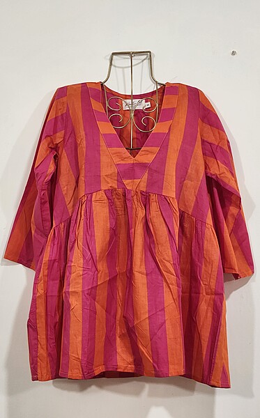 Gulzar's V-neck Peplum Top- Pink & Orange Stripes