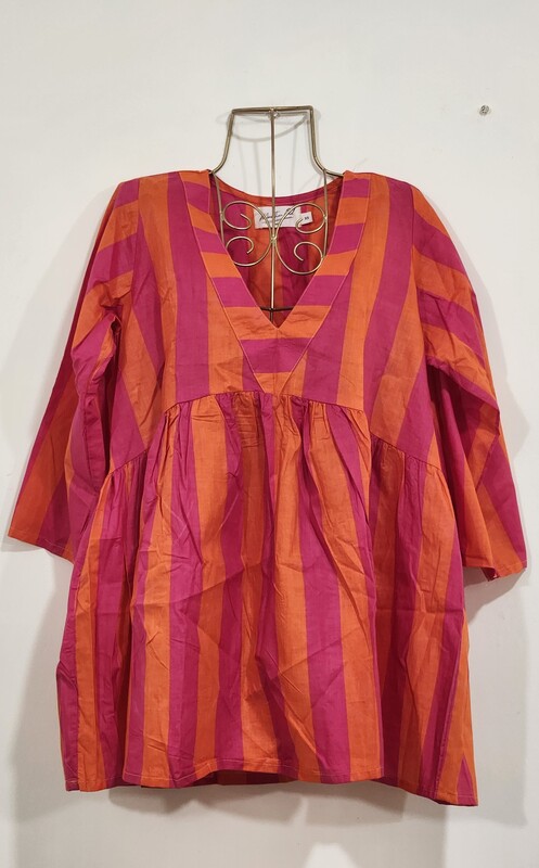Gulzar's V-neck Peplum Top- Pink & Orange Stripes