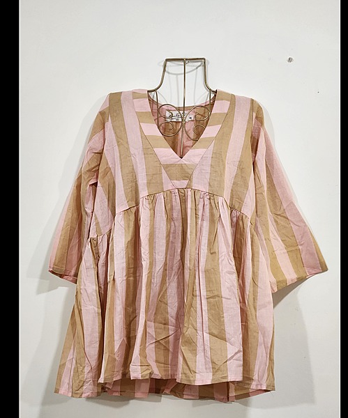 Gulzar's V-neck Peplum Top- Brown and Pink Stripes