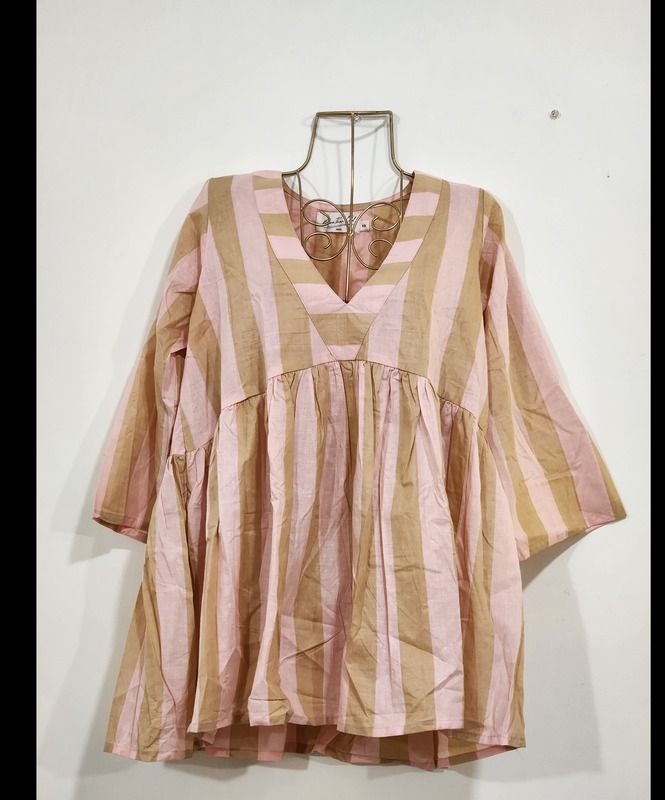 Gulzar's V-neck Peplum Top- Brown and Pink Stripes