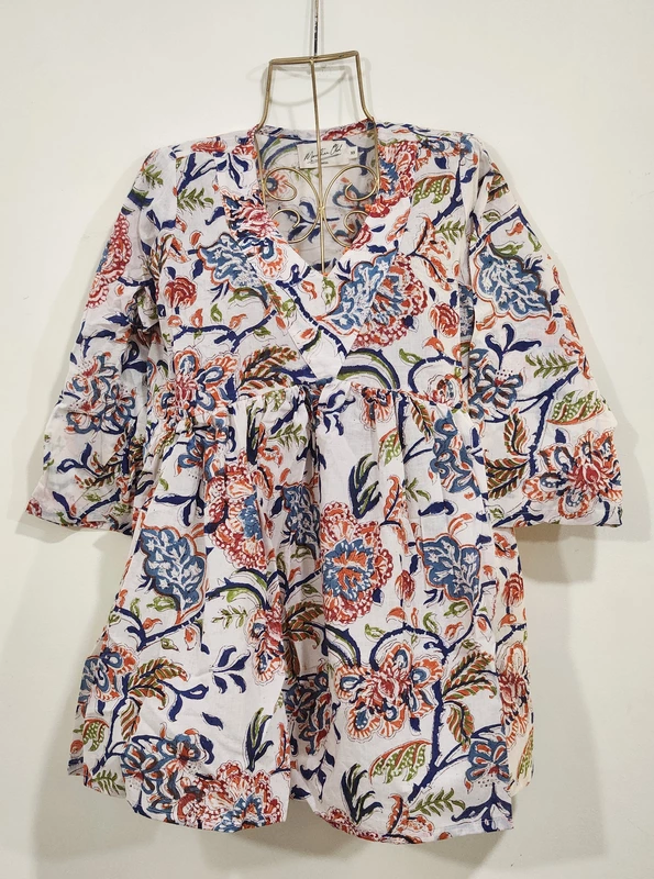 Gulzar's V-neck Peplum Top- White with Colourful Flowers