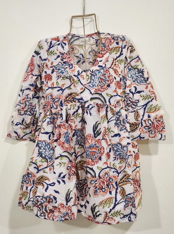 Gulzar's V-neck Peplum Top- White with Colourful Flowers