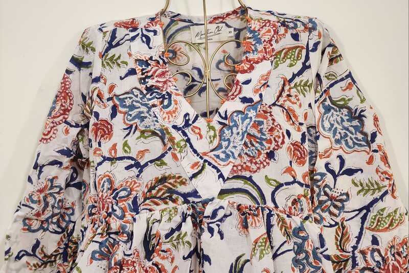 Gulzar's V-neck Peplum Top- White with Colourful Flowers