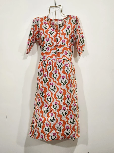 Kamini's Easy Fit & Flare Short Dress - White with Orange & Print