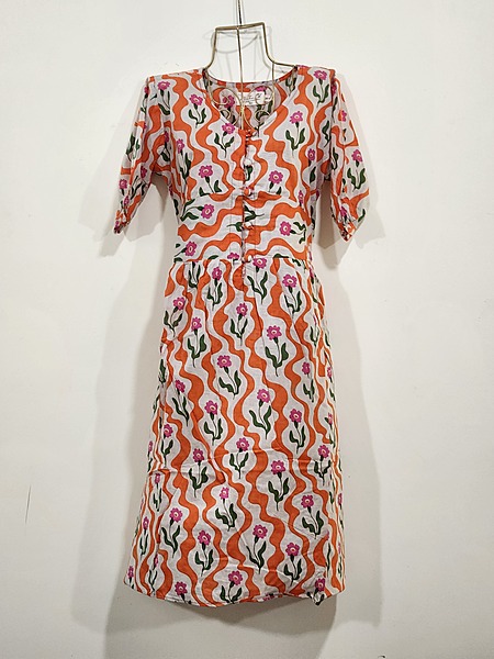 Kamini's Easy Fit & Flare Short Dress - White with Orange & Print