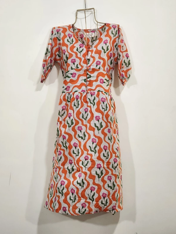 Kamini's Easy Fit & Flare Short Dress - White with Orange & Print