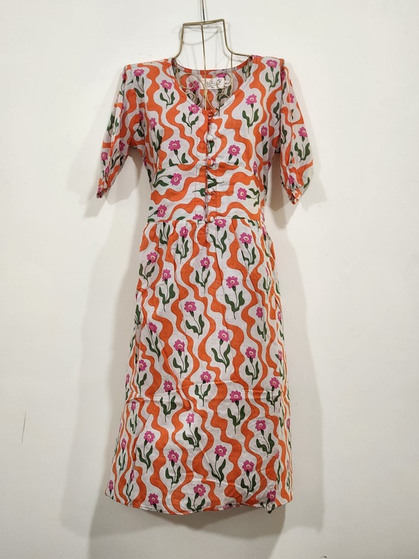 Kamini's Easy Fit & Flare Short Dress - White with Orange & Print