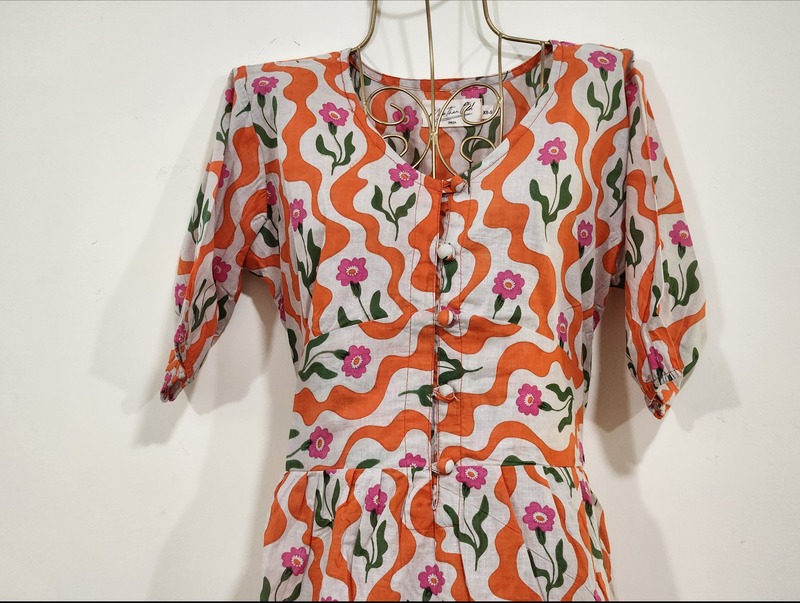 Kamini's Easy Fit & Flare Short Dress - White with Orange & Print