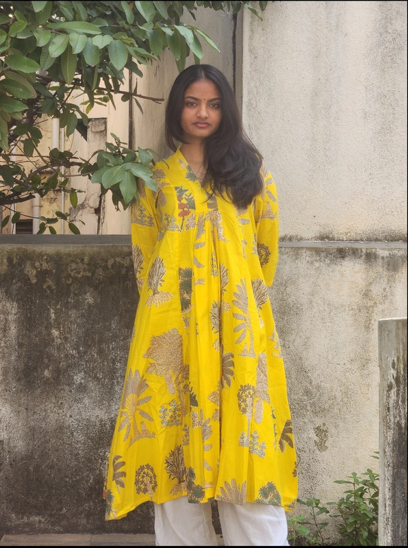 Amara's Everyday Flare Dress - Yellow with trees