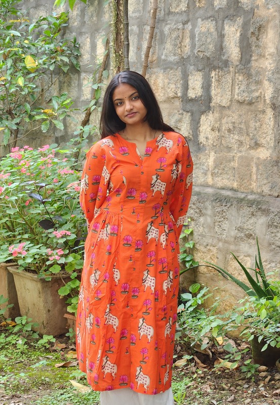 Rooh's Ruffled-Sides Dress - Orange & Pichwai Cows