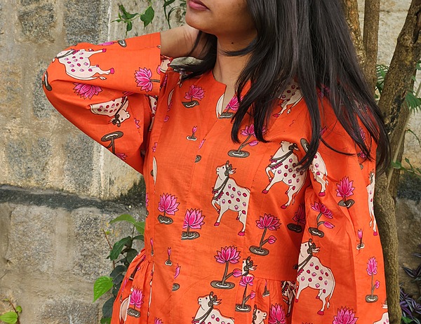 Rooh's Ruffled-Sides Dress - Orange & Pichwai Cows
