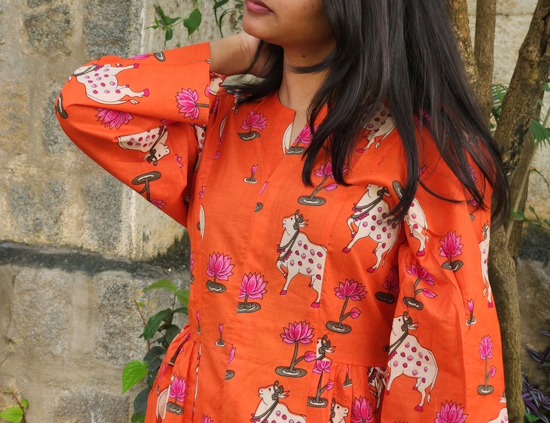Rooh's Ruffled-Sides Dress - Orange & Pichwai Cows