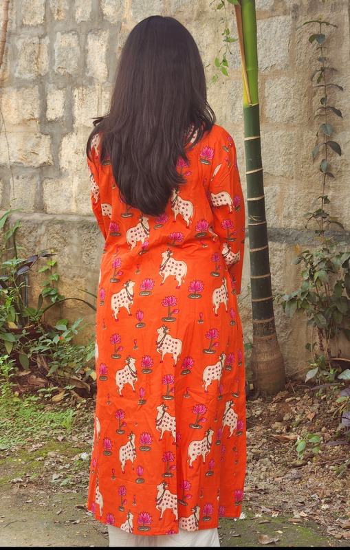 Rooh's Ruffled-Sides Dress - Orange & Pichwai Cows