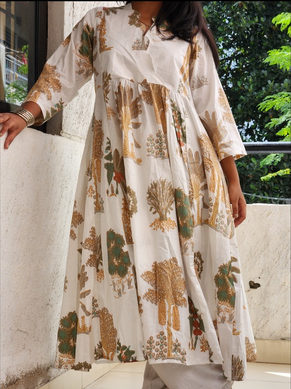 Sitara's Scallop Neck Flare Dress- White with Garden Print