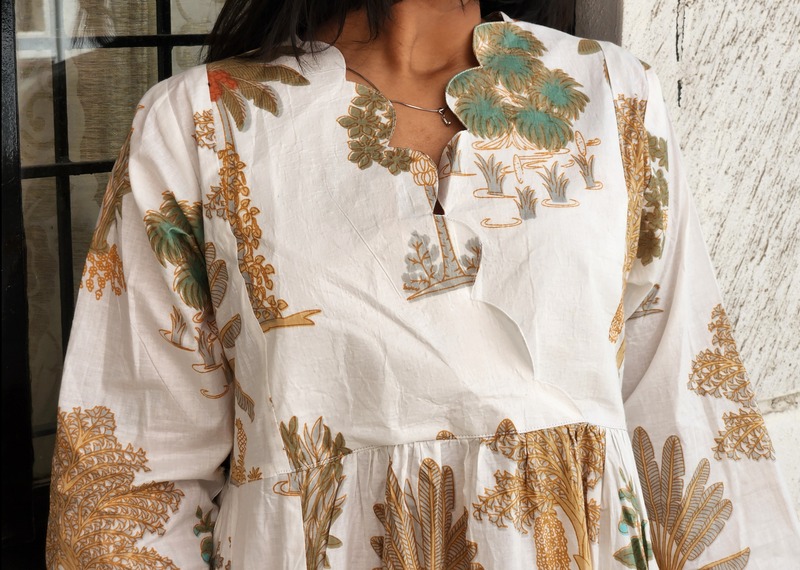 Sitara's Scallop Neck Flare Dress- White with Garden Print