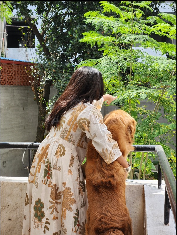 Sitara's Scallop Neck Flare Dress- White with Garden Print