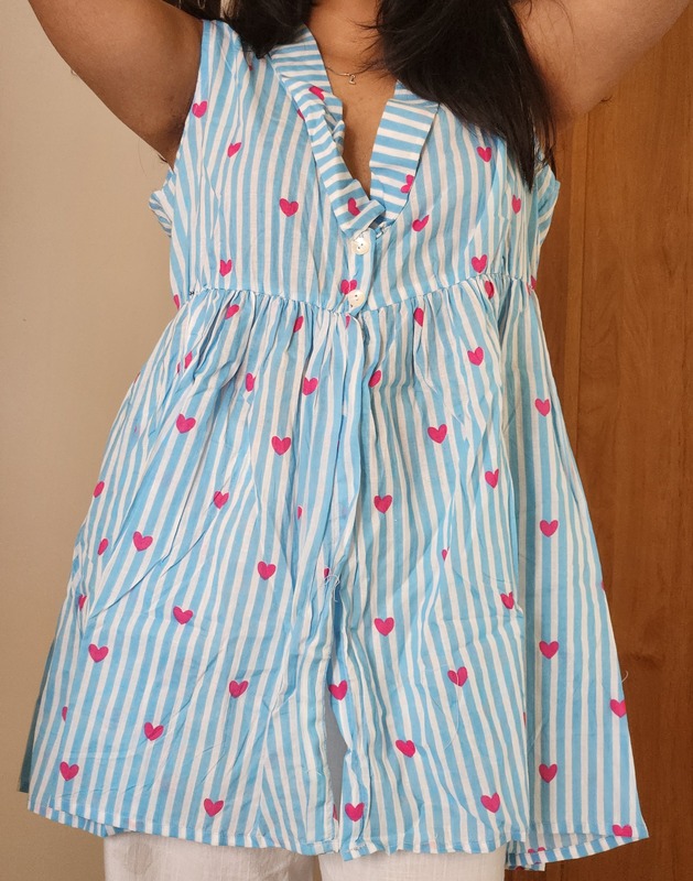 Urvashi's Deep-V & Button Top - Blue Stripes & Hearts