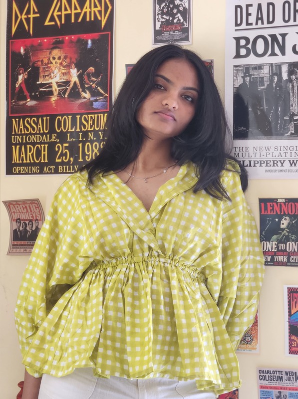 Meher's Scrunched Sleeve Peplum Top - Lime green Gingham