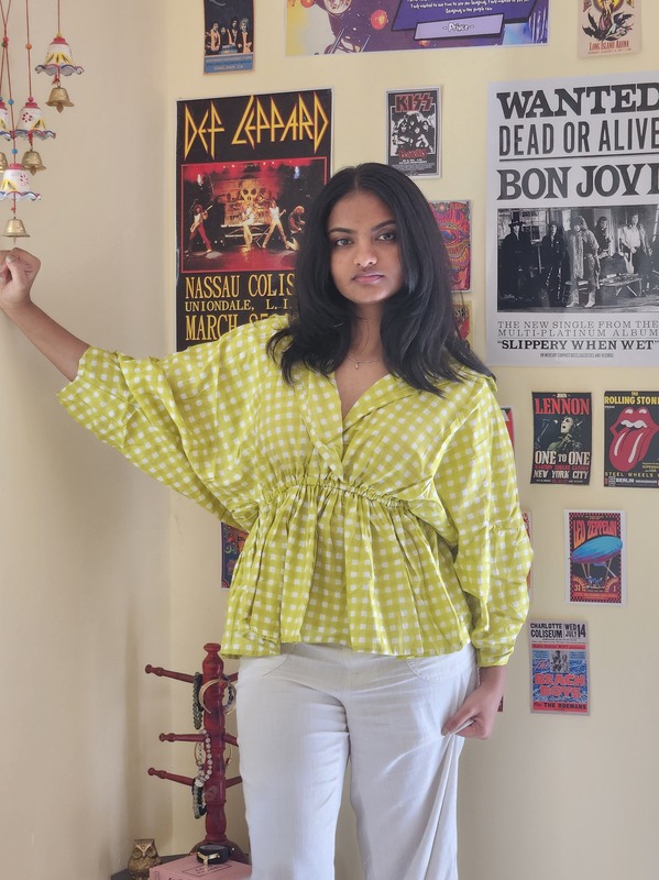Meher's Scrunched Sleeve Peplum Top - Lime green Gingham