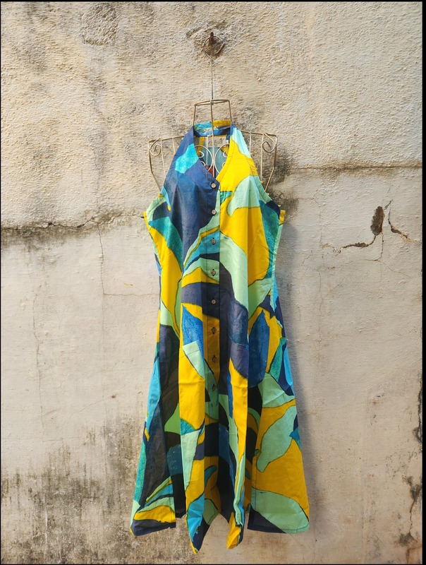 Cyra's Racer Back Dress - Yellow with Blue Hues