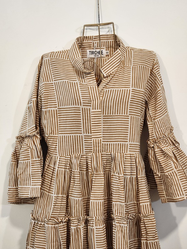 Gauri's Tiered Bell Sleeve Dress - Cream & Mustard Stripes