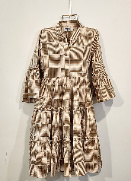 Gauri's Tiered Bell Sleeve Dress - Cream & Mustard Stripes