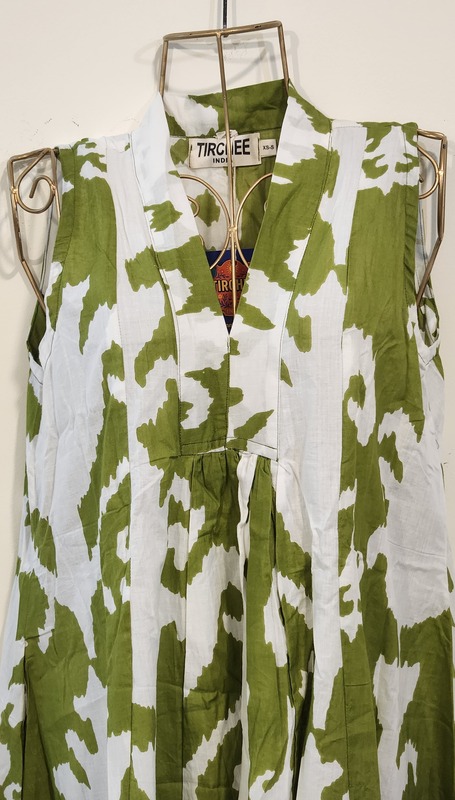 Charita's Everyday Sleeve Less Flare Dress - Green with White Ikkhat