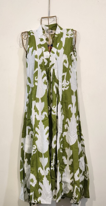 Charita's Everyday Sleeve Less Flare Dress - Green with White Ikkhat