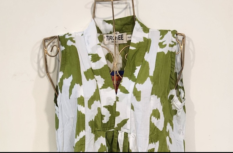 Charita's Everyday Sleeve Less Flare Dress - Green with White Ikkhat