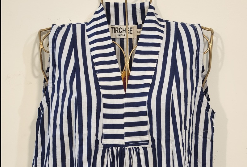 Charita's Everyday Sleeve Less Flare Dress - Blue & White Stripes
