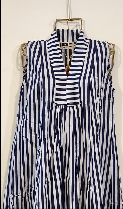 Charita's Everyday Sleeve Less Flare Dress - Blue & White Stripes