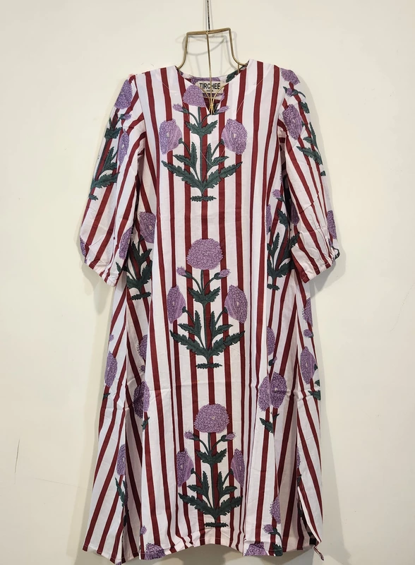 Rihana's Sleeved A-Line Dress - White, Maroon & Flowers
