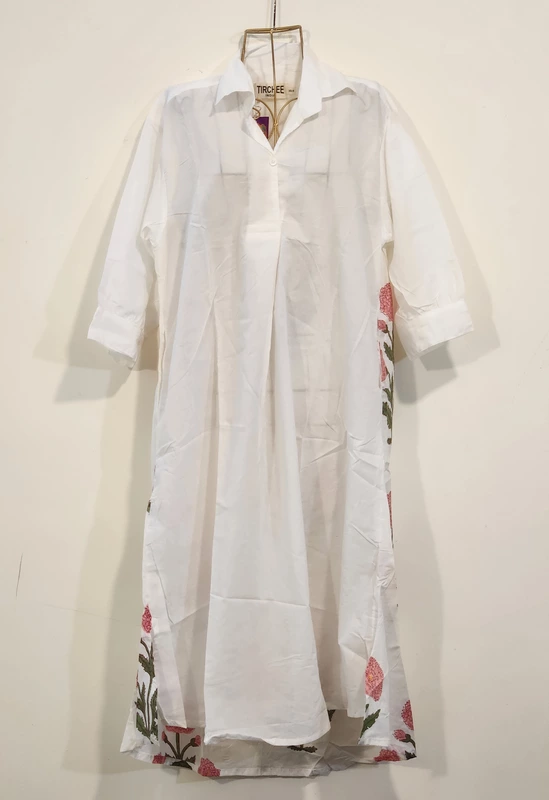 Meera's Button-Down Collared Dress - White & pink Flower