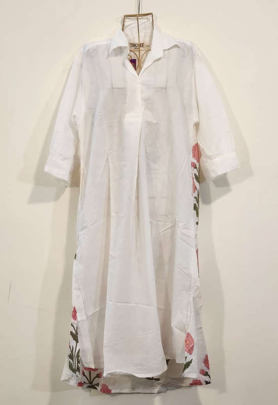 Meera's Button-Down Collared Dress -  White & pink Flower