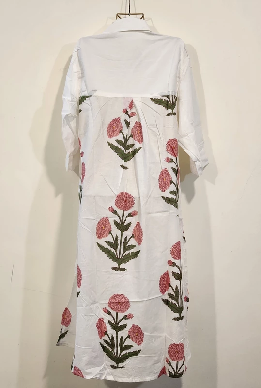 Meera's Button-Down Collared Dress - White & pink Flower