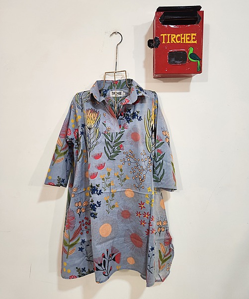 Kavya's High-Low Collared Top - Grey & Flowers