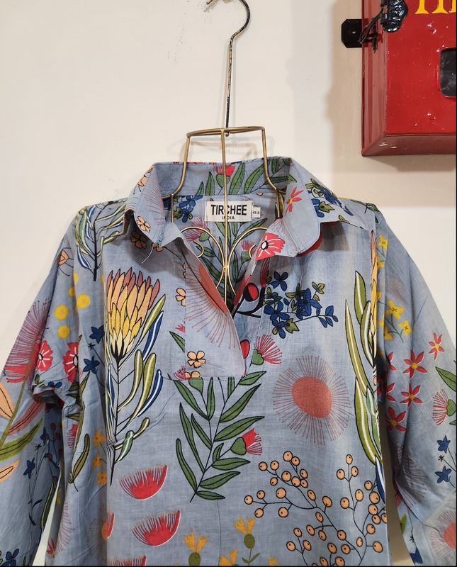 Kavya's High-Low Collared Top - Grey & Flowers